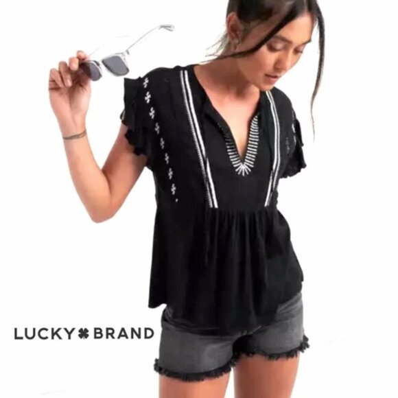 Lucky Brand Black Ruffle Sleeve Embroidered  Top - Picture 1 of 8